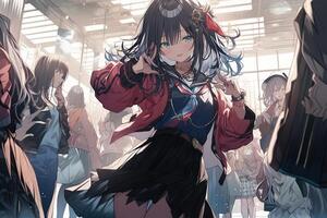 Schule Mädchen Tanzen beim das Disko Manga Anime Mädchen Illustration generativ ai foto