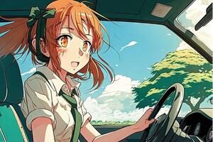 ziemlich Anime Schule Mädchen Fahren ein Auto im Landschaft und suchen beim Sie Illustration generativ ai foto