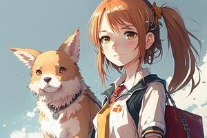 ziemlich Anime Schule Mädchen mit ein Hund suchen beim Sie Illustration generativ ai foto