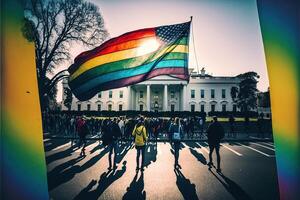 Demonstrant winken Frieden lgbtq Flagge draußen Weiß Haus Washington dc Illustration generativ ai foto