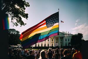 Demonstrant winken Frieden lgbtq Flagge draußen Weiß Haus Washington dc Illustration generativ ai foto