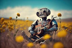 Roboter spielen ein Banjo im ein Feld von Blumen Illustration generativ ai foto