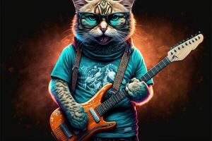 Felsen Star Katze Vorderseite Band Gitarrist spielen Gitarre auf Bühne Illustration generativ ai foto