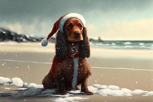Santa claus Hund auf das Strand Cocker Spaniel Illustration generativ ai foto