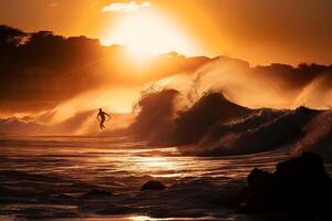 Silhouette von Surfer fangen das Welle mit Sonne auf das zurück Illustration generativ ai foto