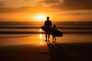 Silhouette von Vater und Sohn Surfer ein Sonnenuntergang Illustration generativ ai foto