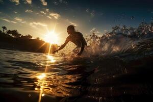 Silhouette von Surfer fangen das Welle mit Sonne auf das zurück Illustration generativ ai foto