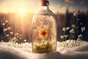 Frühling ist im ein Flasche draußen Schnee und Eis von Winter Illustration generativ ai foto