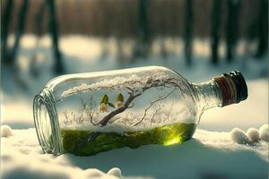 Frühling ist im ein Flasche draußen Schnee und Eis von Winter Illustration generativ ai foto