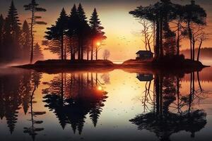 Sonnenuntergang zwischen das Bäume mit Reflexionen auf ein See Illustration generativ ai foto
