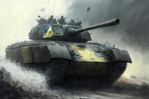 Militär- Panzer Macht auf Ukraine-Russland Konflikt Krieg Lösung. Deutsch, Großbritannien, EU, Frankreich und uns Amerika Land Panzer sind Kommen zu Ukraine von nato Illustration generativ ai foto