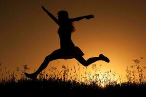 Silhouette von ein Frau beim Sonnenuntergang foto