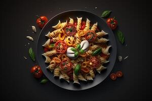 Tomate Pasta Teller Aussicht von das oben isoliert auf schwarz Hintergrund Illustration generativ ai foto