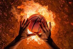 Basketball Spieler Hände zuschlagen Ball im das Korb im Explosion von Energie und Feuer Illustration generativ ai foto