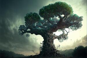 Techno Baum von das Zukunft Illustration generativ ai foto