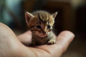 Ultra klein Kätzchen auf Mensch Hand Illustration generativ ai foto