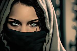 ich rannte Muslim Mädchen Augen Detail im Burka Protest Konzept Illustration generativ ai foto