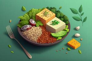 oben Aussicht von vegan Platte, mit Pflanze - - basierend Zutaten mögen Tofu, Linsen, und Andenhirse, Grün Hintergrund Pastell- Farbe Illustration generativ ai foto