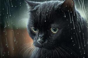 schwarz Katze, traurig einsam verlassen, unter das Regen Illustration generativ ai foto
