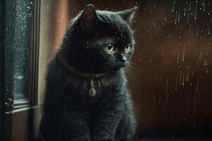 schwarz Katze, traurig einsam verlassen, unter das Regen Illustration generativ ai foto