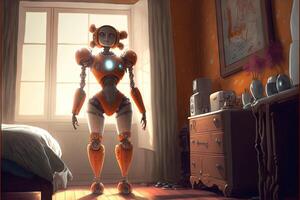 sehr fest Roboter Mädchen im Schlafzimmer Illustration generativ ai foto