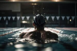 zurück Aussicht von muskulös Schwimmer im Schwimmen Deckel und Brille Ausbildung beim Schwimmen Schwimmbad Illustration generativ ai foto