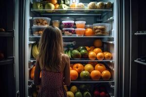 Mädchen im Vorderseite von öffnen Kühlschrank voll von gesund Essen Illustration generativ ai foto