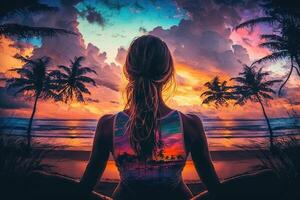 Aussicht von das zurück von schön Mädchen üben Yoga auf ein tropisch Strand beim Sonnenuntergang, mit Palme Bäume und bunt Wolken im das Hintergrund Illustration generativ ai foto