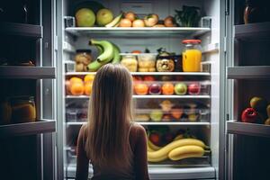 Mädchen im Vorderseite von öffnen Kühlschrank voll von gesund Essen Illustration generativ ai foto