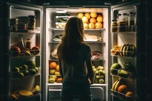 Mädchen im Vorderseite von öffnen Kühlschrank voll von gesund Essen Illustration generativ ai foto