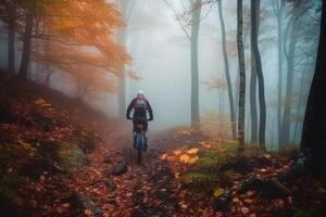 Aussicht von das zurück von ein Mann Reiten Berg Fahrrad im das Wald Illustration generativ ai foto