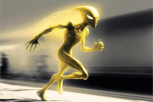 Gelb Außerirdischer Laufen beim Lichtgeschwindigkeit Illustration generativ ai foto