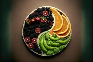 Yin Yang Symbol gemacht von gesund Essen generativ ai foto