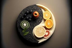 Yin Yang Symbol gemacht von gesund Essen generativ ai foto