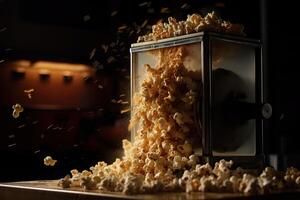 platzen von Popcorn Kernel explodiert aus von ein Popcorn Maschine Illustration generativ ai foto