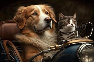 Hund und Katze auf alt Auto Beiwagen Illustration generativ ai foto