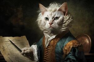 Katze wie Wolfgang Amadeus Mozart berühmt historisch Charakter Porträt Illustration generativ ai foto