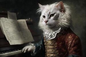 Katze wie Wolfgang Amadeus Mozart berühmt historisch Charakter Porträt Illustration generativ ai foto