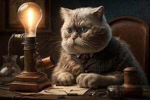 Katze wie Thomas Edison berühmt historisch Charakter Porträt Illustration generativ ai foto