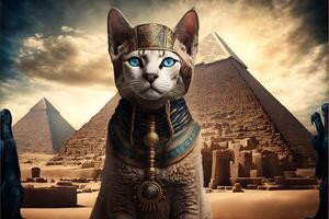Katze wie ägyptisch Pharao Pyramiden auf Hintergrund Illustration generativ ai foto