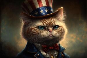 patriotisch amerikanisch Katze mit USA Star und Streifen Flagge Farben Illustration generativ ai foto