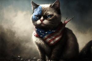 patriotisch amerikanisch Katze mit USA Star und Streifen Flagge Farben Illustration generativ ai foto