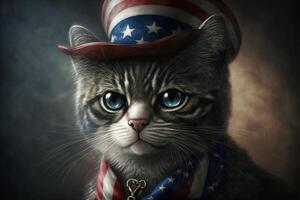 patriotisch amerikanisch Katze mit USA Star und Streifen Flagge Farben Illustration generativ ai foto