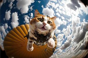 Katze Skydriver. fliegend mit Fallschirm Fallschirmspringen Illustration generativ ai foto