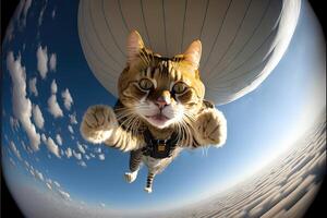 Katze Skydriver. fliegend mit Fallschirm Fallschirmspringen Illustration generativ ai foto