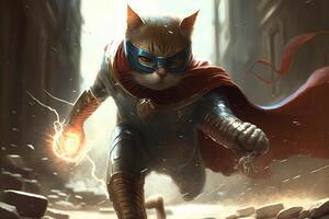 Katze spielen das Rolle von ein Superheld, tragen ein Kap und Maske und mit es ist Krallen zu Kampf aus Außerirdischer Eindringlinge Illustration generativ ai foto