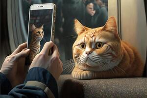 Katze mit Smartphone. Konzept zum Haustiere mit Technologie, oder Tiere imitieren Menschen. Illustration generativ ai foto