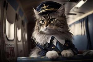 Steward Katze wie Flug Begleiter tragen Hostess Uniform Innerhalb Flugzeug Kabine fliegend um das Welt Illustration generativ ai foto