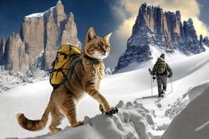 Katze Trekking im Dolomiten mit Schneeschuhe auf Schnee Winter Panorama Landschaft Illustration generativ ai foto