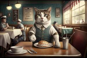 Katze im ein Abendessen Bedienung Arbeiten Job Beruf Illustration generativ ai foto